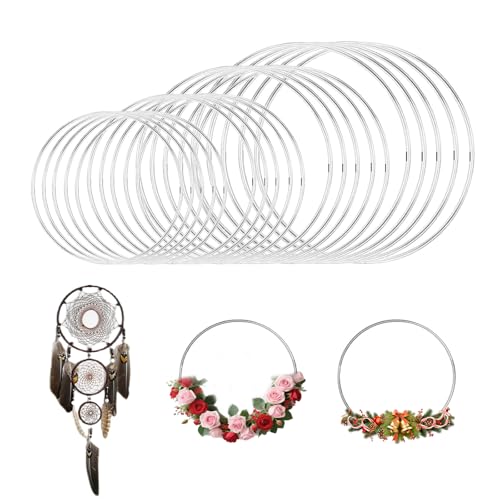 yolzhxe 20 Pièces Cercle Metal, 5/10/15/20cm Cercle Attrape Reve, Argent Anneaux en Macramé,...