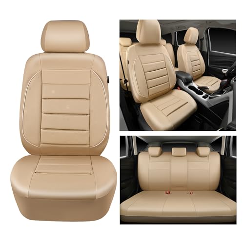 Image of CAR PASS Leather Seat Covers Full Set Universal Water Resistant 3D Foam Back Support, Luxury Comfort Automotive 5 Seat Covers All Season Fit for SUV,Sedan,Van, Airbag Compatible Elegance (Beige)