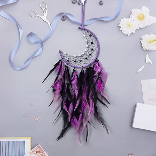 TEESHLY Moon Dream Catcher - Handmade Crescent Design Dreamcatchers for Room Wall Decor, Feather Hanging Boho Ornament for Home Decoration Festival Gift (Purple-Black)