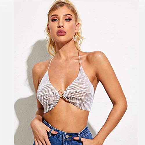 Vivilly Rhinestone Body Chain Sexy Sparkly Crystal Bikini Mesh Bra Top Dress Fishnet Underwear Body Jewerly for Women and Girls (white bra) - Image 3