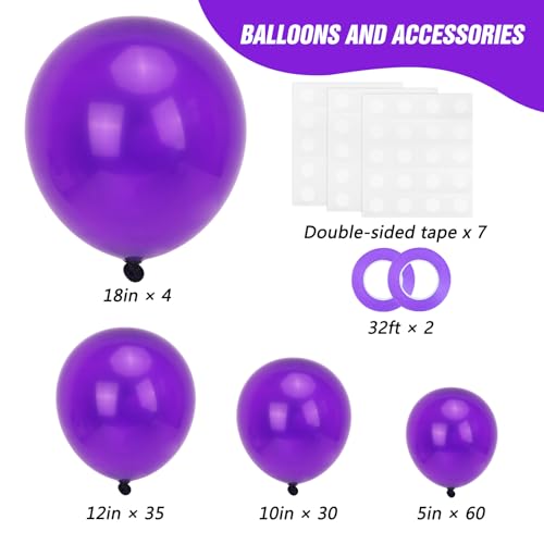 Image of RUBFAC Dark Purple Balloons 129pcs Different Sizes Pack of 18 12 10 5 Inch, Latex Royal Purple Balloon Garland Arch Kit for Wedding Masquerade Birthday Party Decorations