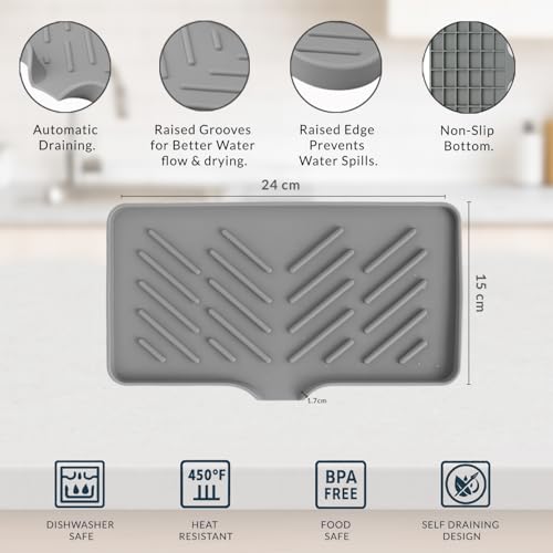Image of HOMEZE Silicone Sink Drainer Mat 24x15 cm | Multipurpose Kitchen Sink Organizer Tray for Soap, Sponge, Brush Storage & Drying| Non-Slip, Heat-Resistant, Flexible & Easy to Clean Counter Mat