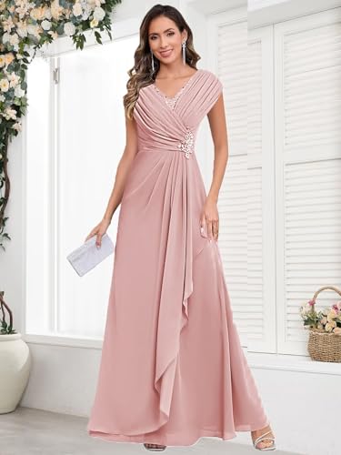 Long Chiffon Mother of The Bride Dresses for Women A Line V Neck Pleated Formal Wedding Guest Dress3
