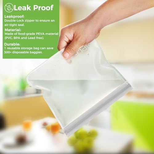 SPLF 10 Pack Reusable Sandwich Bags Dishwasher Safe, Reusable Quart Freezer Bags, Extra Thick Leakproof Food Storage Bags Silicone and Plastic Free for Marinate Meats, Cereal, Lunch, Travel Items Gray - Thumbnail 4