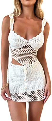 Sawden Women Y2k Crochet Knitted Two Piece Outfits Hollow Out Cami Top and High Waist Mini Skirt Beach Wear