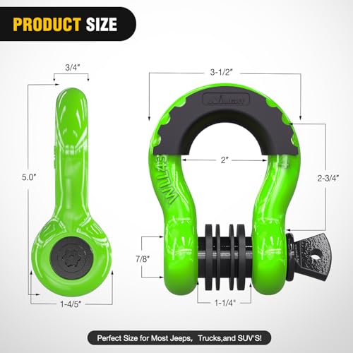 Image of Nilight 3 /4 inch D Ring Shackle 2 Pack 19T (41,887 lbs) Break Strength 4.75T WLL Heavy Duty Towing Hook with Anti-Theft System Anti-Rattle Isolators for Truck Jeep SUV ATV UTV Recovery Green