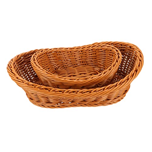 Garneck 1set Fruit Basket Candy Poly Wicker Storage Basket Vegetables Stand Basket Woven Bread Storage Basket Imitation Rattan Woven Basket Rattan Serving Basket Brown Plastic 2pcs