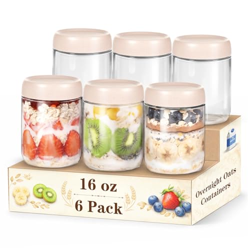 SECLENT Overnight Oats Containers with Lids, 16oz Glass Storage Containers with Lids, Suger Wide Mouth Mason Jars, Glass Jars with Airtight Lids for Salad, Yogurt, Chia Seed, Pudding, Meal Prep 6-Pack