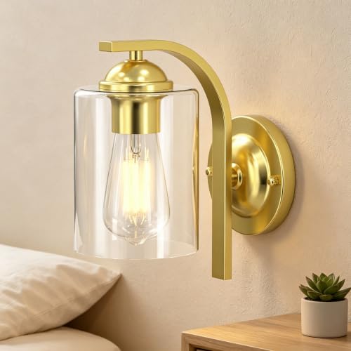 Image of Wall Sconces Lights Lamp for Bedroom Bathroom, Modern Vanity Light Fixtures, Gold Farmhouse Wall Mount Lighting Lanterns with Clear Glass Shade for Living Room Mirror Hallway Kitchen