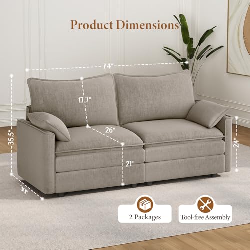 Image of Vesgantti 74 inch Loveseat Sofa for Living Room, Comfy Cloud Couch Deep Seat Chenille Modern 2 Seater Small Sofa with Armrest Pillow, Easy Assembly for Small Spaces, Light Brown