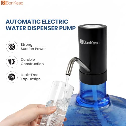 Image of BonKaso Automatic Electric Water Dispenser Pump for 20 Litre Bottle, Portable Water Pump Dispenser with 1200mAh C-Type Fast Charging Battery for Home, Office & Outdoor Use - Black