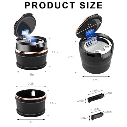 Image of Car Ashtray with Lid, Detachable Auto Smokeless Ash Tray with LED Blue Light, Portable Ashtray for Vehicle Cup Holder and Air Vent Home Office, Interior Car Accessories (Black & Rose Golden)