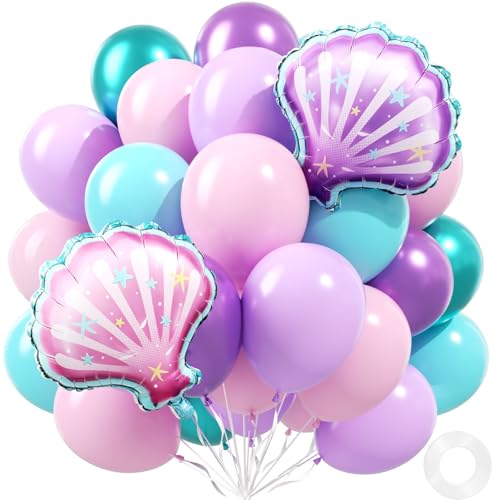52pcs Mermaid Balloons 12inch Purple Pink Metallic Green Teal Blue Seashell Balloons for Mermaid Baby Shower Birthday Party Decorations