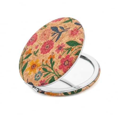 Image of Floral Cork Compact Mirror for Women | Oval Dual-Sided Folding Makeup Mirror | Portable Travel Pocket Mirror with Magnifying Mirror | Lightweight Cosmetic Mirror for Purse & Handbag (Floral)