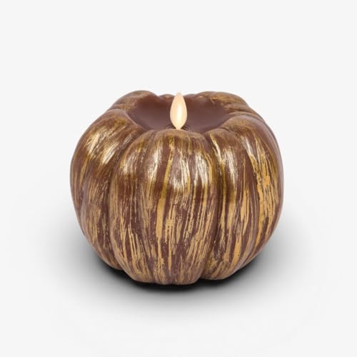 Image of Luminara EXC COL Pumpkin Figural Flameless Flickering Moving Flame LED Candle, Metallic Cappuccino Finish Real Unscented Wax, Time Function (5.25 inch x 4.5 inch)