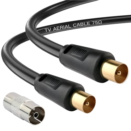 Ancable 1M TV Aerial Coaxial Cable Male to Male, Satellite Cable RF TV Antenna Coax Lead to PAL Male Gold Plated Connectors Black Flylead for Sky/SkyHD, Virgin, BT,TV, VCR or DVD players with Coupler