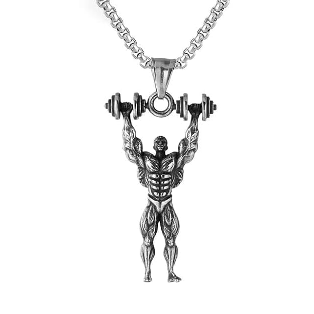 beautivia Athletic Figure Gym Pendant Necklace, Silver-Tone Alloy Steel, 50cm Chain Length, Dynamic Sports Design, Polished Finish, 2-Piece Set-picture-5