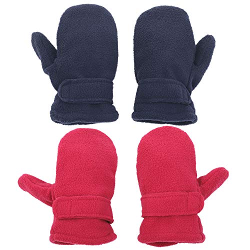 Flammi 2 Pairs Little Kids Sherpa Lined Fleece Mittens Easy On Winter Warm Gloves for Boys Girls (Navy Blue, Dark Magenta, 2-4 Years)