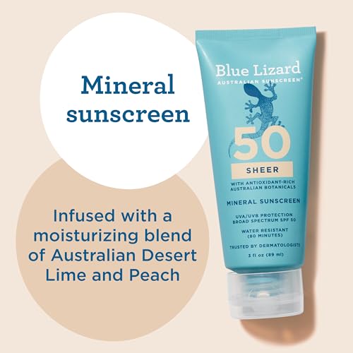 Image of Blue Lizard Sheer Mineral SPF 50 Sunscreen Lotion, Zinc Oxide, 100% Mineral Formula, Nourishes with Australian Desert Lime and Peach, Paraben-Free, Fragrance-Free, 3 fl oz, (Pack of 2)
