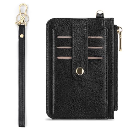 SENDEFN Small Wallet for Women RFID Leather Credit Card Holder Slim Purse Wristlet Keychain Wallet with Zipper Pocket(Black)