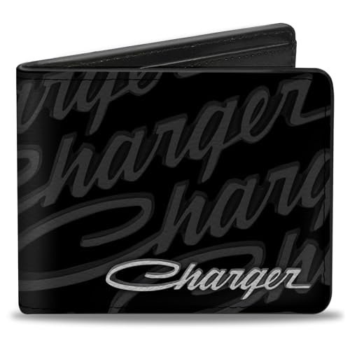 Buckle-Down Men's PU Bifold Wallet-Charger Script Emblem Repeat/Corner Black/Grays/White, Multicolor, 4.0