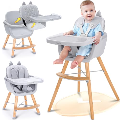 Image of CoziBB 4-in-1 Baby High Chair, Convertible Easy-to-Clean Wooden Highchair for Infant, Kids& Children, 3 Position Tray, Leatherette Seat, Modern and Compact Design, Grey