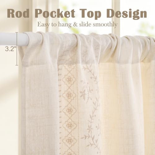 Image of Yinhua Boho Swag Curtains Beige Embroidered Floral Valances for Windows, Farmhouse Light Filtering Window Valances Rod Pocket Kitchen Curtains Valance for Living Room Bedroom Bathroom, 60 inch W x 36 inch L