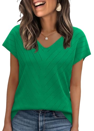 WIHOLL Short Sleeve Sweater for Women Trendy Womens Tops 2026 Summer V Neck T Shirts Cap Sleeve Beach Fashion Travel Outfits Vacation Clothes Ladies Tops Dressy Casual Lightweight Sweaters Green M
