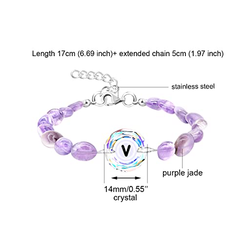 Image of Uloveido Purple Natural Stone and Austrian Crystal Letter Bracelet, Personalized Initial Jewelry for Women A-Z 26 Letters