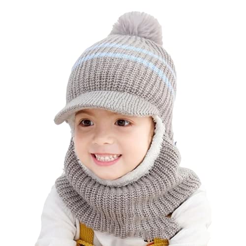 BRATS N BEAUTY - Pompom Balaclava/Full Face Cap Winter Warm Scarf Set (Attached)/Beanie for Boy/Girl (Plush Val-Vet Thicken) - Grey Color 7-12 Year