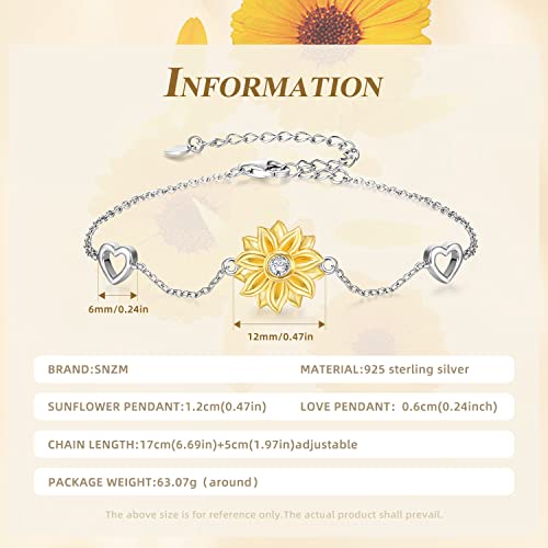 SNZM Bracelets for Women-925 Sterling Silver Sunflower Bracelet Chain Adjustable Heart Charm Link Birthday Sunflower Jewelry Gifts for Women/Daughter/Girlfriend4