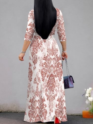 Image of Women's V Neck Floral Maxi Dress 3 /4 Sleeve Plus Size Boho Wrap Flowy Long Dresses with Belt