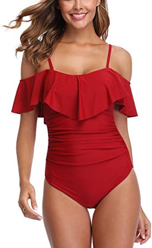 ZINPRETTY One Piece Bathing Suit Tummy Control Off Shoulder Swimsuits Flounce Ruffled Tankini