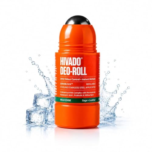 Image of HIVADO Refillable Roll-On Deodorant for Men and Women, 40ml,Natural Odour Control with Probiotic, Niacinamide and Botanical AHA | Cooling Steel Ball Applicator | Aluminium and Alcohol Free | Brightens Dark Underarm (Roll-On (Pack Of 1))