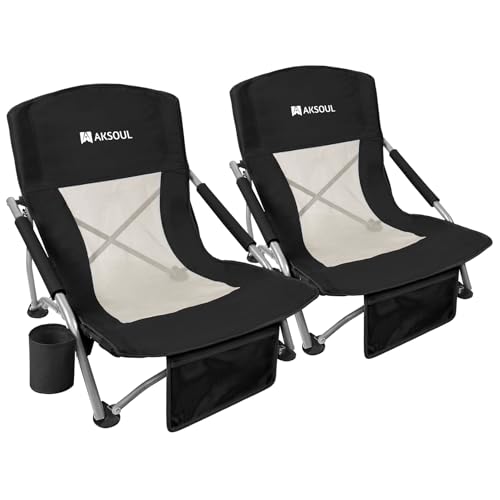 AKSOUL Folding Beach Chair for Adults: Low/High Back Chairs with Carry Bag - Extra Wide Seat Chair with Comfortable Pillow & Storage Pocket 2 Pack Black