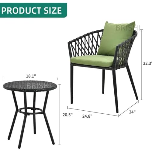 Image of BRISHI Garden Patio Seating Chair and Table Set Outdoor Balcony Garden Coffee Table Set Furniture with 1 Table and 2 Chairs Set with Cushion Braid & Rope (Black /Green)