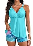 ROSEWE Womens Tankini Bathing Suits, Two-Piece Smocked Swim Dress, Print Swimsuits with Board Shorts Cyan