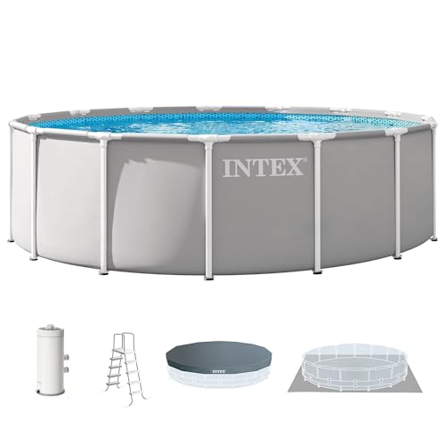 INTEX Prism Frame 15 ft x 48 in Above Ground Pool Set Round Swimming Pool with Steel Frame 1000 GPH Cartridge Filter Pump Ladder Cover & Ground Cloth