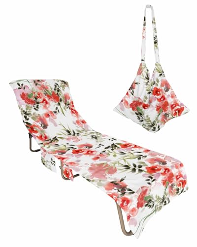 Red Botanical Beach Lounge Chair Towel Cover, Soft Chaise Lounge Towel with Side Pockets Patio Pool Chairs Cover for Beach/Pool Sunbathing 29x85 Watercolor Spring Summer Floral Elegant