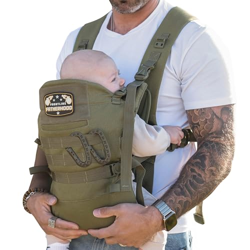 Dad Baby Carrier for Men with Adjustable Hip Snaps - Soft Infant Carrier with Magnetic Sunshade Protector Newborn Bibs 2 Carabiners Removable Waist Strap Holds Babies and Infants Up to 44 Lbs Green