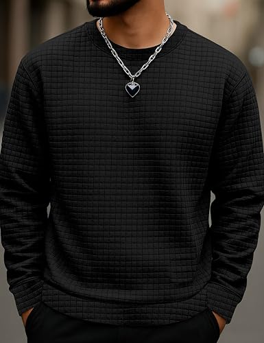 Image of KAJARU Quilted Pattern Long Sleeve Sweatshirt, Round Neck, Men's Casual Pullover, Grey, Black, Beige