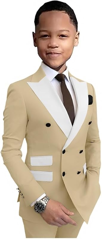 SAROULU Formal Suit for Boys, 2 Piece Boys Double Breasted Suit, Slim Fit Kids Boys Tuxedo Wedding Party Outfits