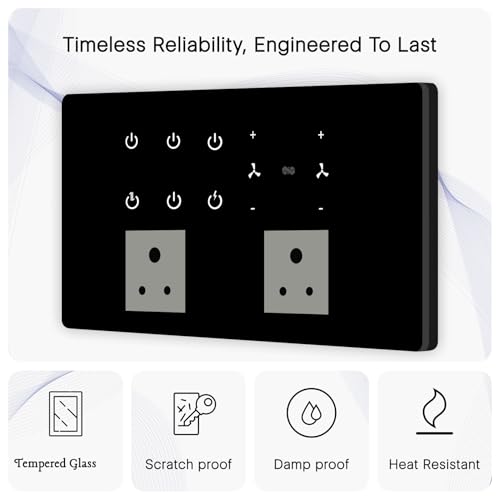 Image of IOTICS Smart Wifi Switch Board: 6 x Switch, 2 Fan & 2 Smart Plug Module. Touch Control, Remote, App Control. Voice Control with Alexa & Assistant. Smart Touch Switch Board For Home Automation (Black)