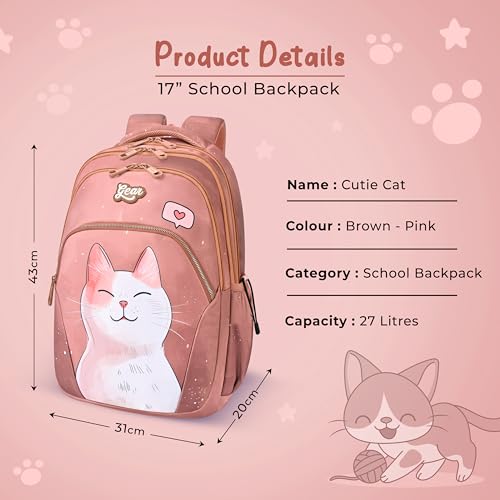 Image of Gear Cutie Cat 17 inch /27L Large Water Resistant School Bag | Casual Backpack | Daypack | Travel Backpack | Kids Bag for Boys /Girls (Brown - Pink)