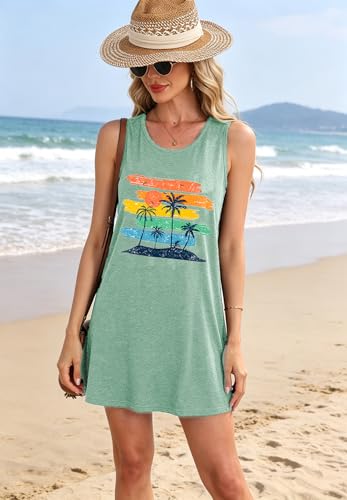 Image of Summer Tank Dress for Women Sunset Palm Tree Beach Vacation Cover Up