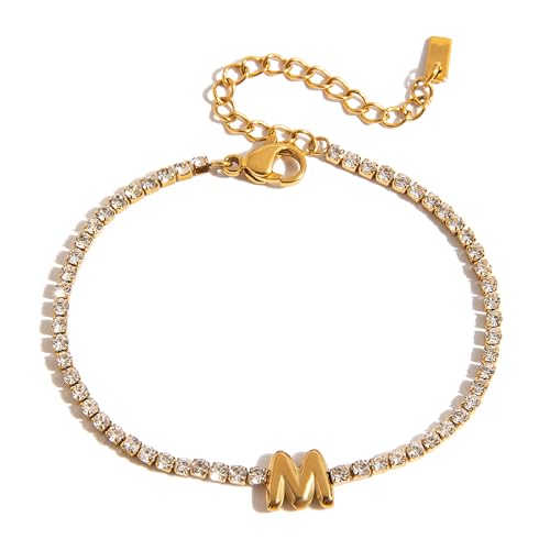 NEPULOY Initial Bracelets for Women 14K Gold Plated Letter M Bracelet Statement Cute Simple Fashion Chain Jewelry Gift for Women