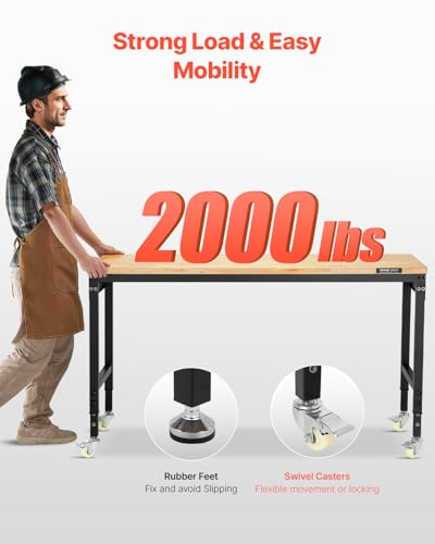 Image of VEVOR Adjustable Workbench, 60 Inch Work Bench with Power Outlet, Wheels, and Pegboard, 2000 lbs Load Heavy Duty Oak Wood Top Work Table for Garage, Workshop, Office, and Home