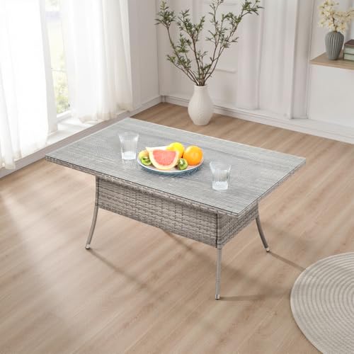 Warmiehomy Rattan Garden Table 120x80cm Outdoor Dining Table with Parasol Hole Tempered Glass Tabletop Wicker Patio Tables Grey Outdoor Side Tables 7 Warmiehomy Rattan Garden Table 120x80cm Outdoor Dining Table with Parasol Hole Tempered Glass Tabletop Wicker Patio Tables Grey Outdoor Side Tables - Image 7