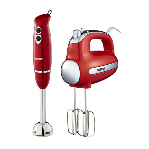Geepas Hand Blender & Hand Mixer Kitchen Combo Set | 300W Electric Whisk, Handheld Food Collection Cake Mixer & 400W Immersion Stick Blender | Stainless Steel Beaters & Dough Hooks Included | Red