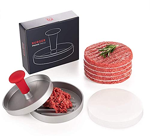 Blumtal Burgerpresse mit 50 Blatt Backpapier - Aluguss Hamburgerpresse mit Antihaftbeschichtung, Burger Pattie Presse, Grillzubehör